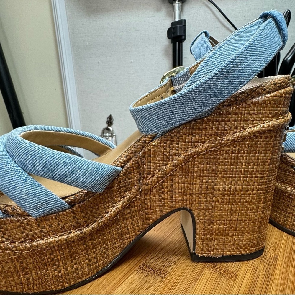 NWOT New Sam Edelman Tibby Platform Heels Size 5.5 or 6 in Blue Denim and Brown - Picture 6 of 11
